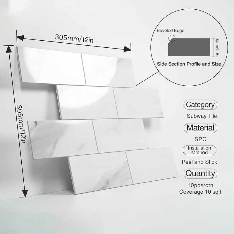 COLAMO Luxury 10-Sheet Peel and Stick Backsplash,Self Adhesive Faux Stone 12”x12” White Subway Tile for Kitchen,Glossy Waterproof Carrara Brick Marble Look,Stick on Accent Wall for Bathroom,Bedroom - Image 2